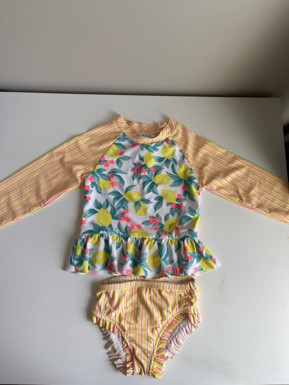 Nicole Miller Girls' Yellow Pink Striped Lemon Rashguard Swim Set